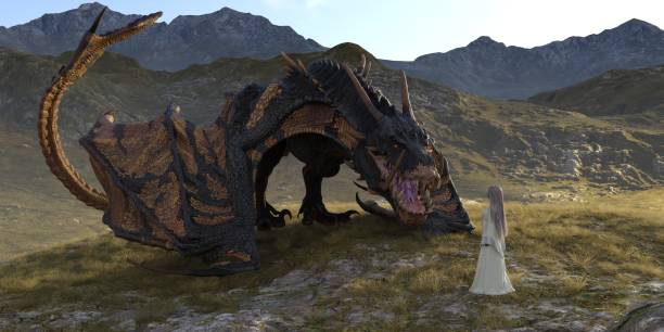 istock Fantasy dragon and beautiful young girl 3d illustration 1340470093