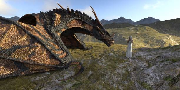 istock Fantasy dragon and beautiful young girl 3d illustration 1340470124
