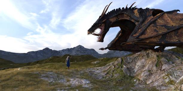 istock Fantasy dragon and beautiful young girl 3d illustration 1340470148