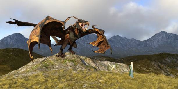 istock Fantasy dragon and beautiful young girl 3d illustration 1340470207