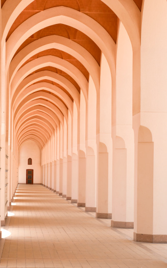 Hallway of a mosque in Bir Ali, Medina, Kingdom of Saudi Arabia. This is one of the points where Muslim pilgrims start their hajj or umrah (small hajj). Mosque is also know as masjid in Arabic.