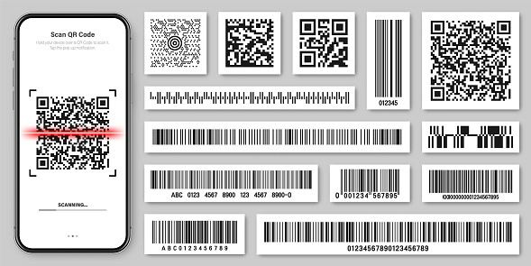 Product barcodes and QR codes. Smartphone application, scanner app. Identification tracking code. Serial number, product ID with digital information. Store, supermarket scan labels, vector price tag
