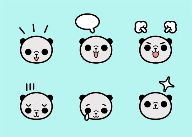 Vector illustration of Cute panda icon set with six facial expressions in color pastel tones