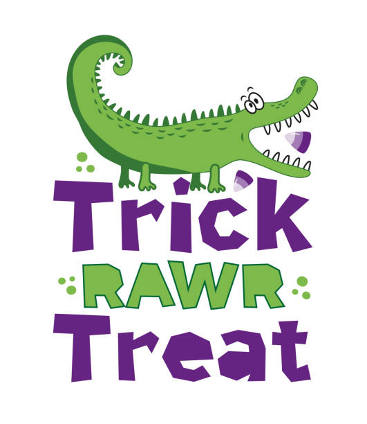 Trick rawr treat  - funny alligator with candy for Halloween. Trick rawr treat  - funny alligator with candy for Halloween. Good for T shirt print, poster, card, label, and party decoraton. dinosaur rawr stock illustrations