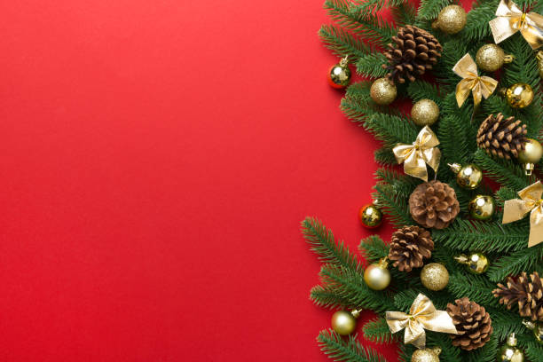 istock Christmas background with fir branches and Christmas decor. Top view, copy space for text 1340483372