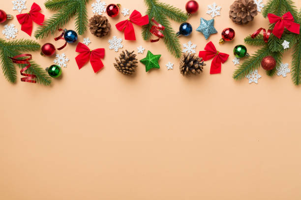 istock Christmas background with fir branches and Christmas decor. Top view, copy space for text 1340483415