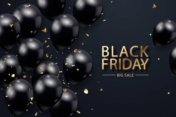 istock Black Friday sale poster with realistic balloons and confetti on black background. Black Friday sale label. Design element for banners, flyers, cards 1340485815
