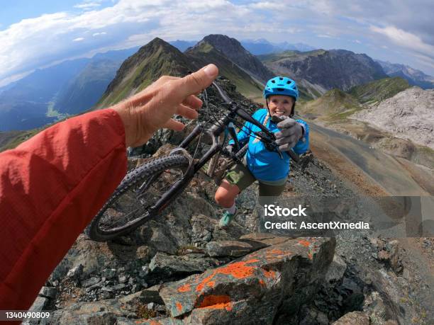 Pov Of Female Mountain Biker Hiking Up Mountain Stock Photo - Download Image Now - Point of View, Personal Perspective, Senior Adult
