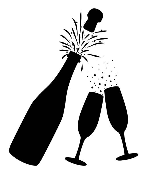 Champagne bottle opening with pop and cork flying. Silhouette of champagne bottle opening with pop, cork flying. Champagne explosion, bottle pop, fizz. Concept of drinking party, birthday, wedding, christmas, new year celebration. Vector illustration anniversary silhouettes stock illustrations