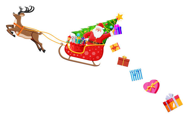 istock Santa claus on sleigh full of gifts and reindeer 1340491663