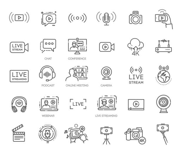 Vector live streaming icons. Stream broadcast online meeting zoom Stream icons set. Outline set of stream vector icons for web design isolated on white background recording studio illustrations stock illustrations