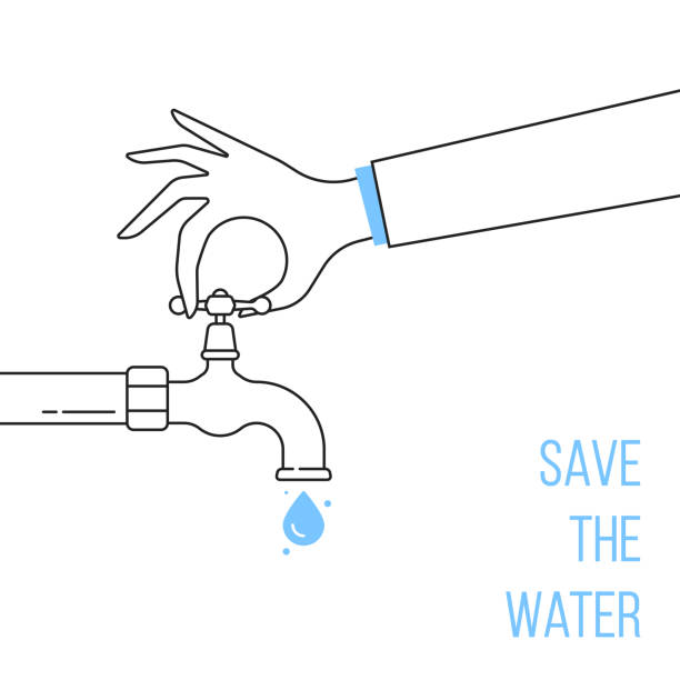 illustrazioni stock, clip art, cartoni animati e icone di tendenza di la mano del contorno chiude il rubinetto dell'acqua - water conservation illustrations