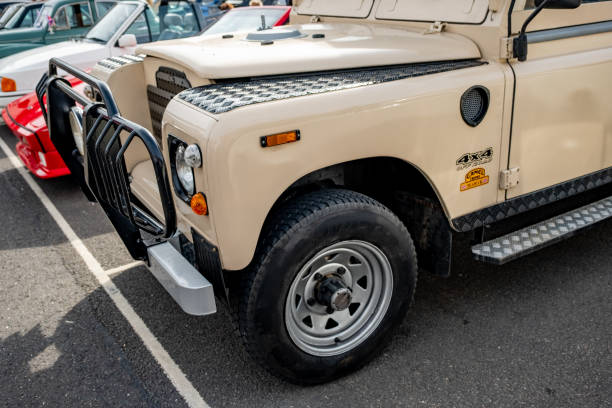 King’s Lynn, Norfolk, UK – September 12 2021. Front end of a classic off road Land Rover off road vehicle on display at the free to enter annual motor show held in the town square.