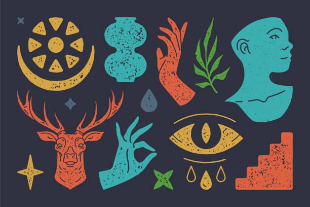 Abstract crying boho eye with floral crescent. Bust of antique sculpture with hands approving gestures Abstract crying boho eye with floral crescent. Bust of antique sculpture with hands approving gestures. Head of mystical deer surrounded by symbols of stars. Vector flat illustration greece illustrations stock illustrations