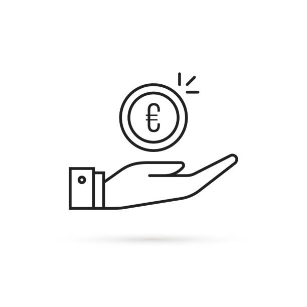 ilustraciones, imágenes clip art, dibujos animados e iconos de stock de moneda de euro lineal simple que sostiene la mano - personal data assistant