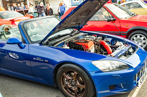 King’s Lynn, Norfolk, UK – September 12 2021. Close up of a Honda S2000 sports car on display at the free to enter annual motor show held in the town square.