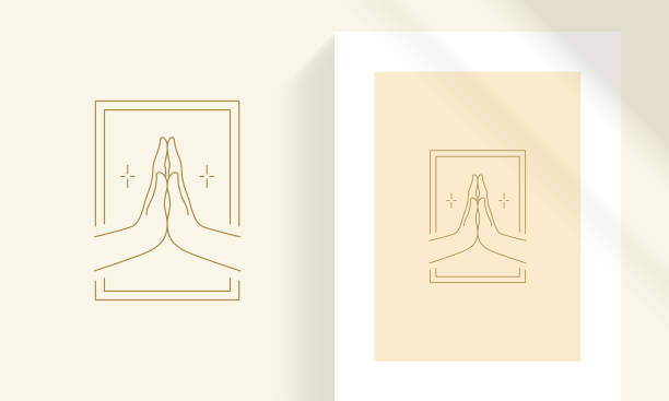 Female hands demonstrating praying gesture line art style vector illustration Female hands demonstrating praying gesture line art style vector illustration. Boho magic linear drawing for feminine poster and celestial practices logo emblem decoration or fashion print. anjali mudra stock illustrations
