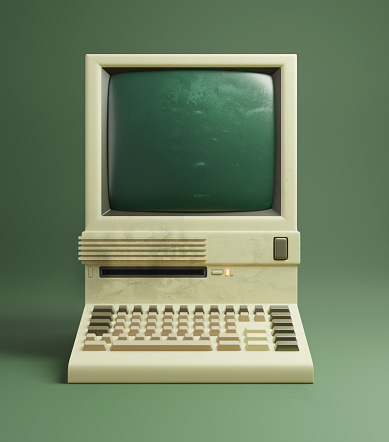A classic desktop computer from the 1980s, with slightly yellowing beige plastics and monochrome monitor. 3D illustration.