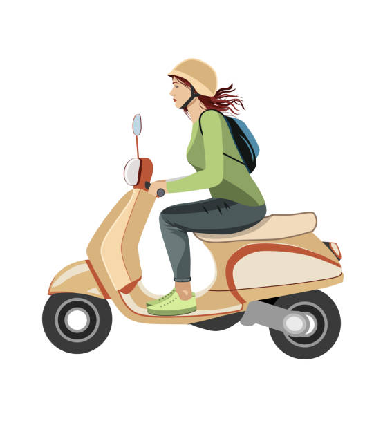 ilustrações de stock, clip art, desenhos animados e ícones de girl riding scooter with helmet and backpack. city transport, motorcycle, bike, retro vehicle illustration. - motorcycle biker riding motorcycle racing