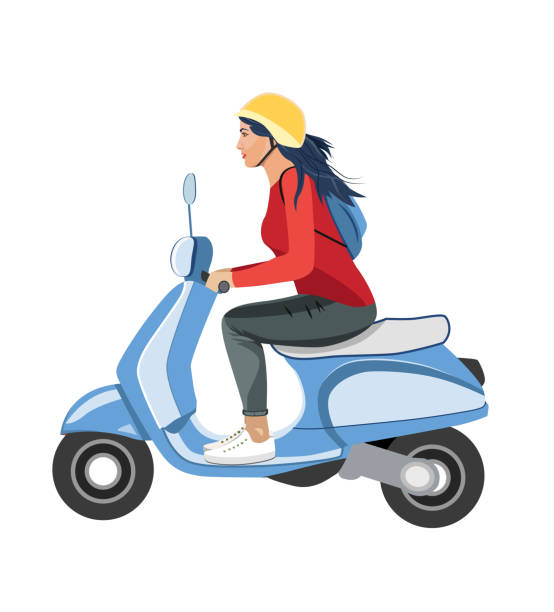 Girl riding scooter with helmet and backpack. City transport, motorcycle, bike, retro vehicle illustration. Girl riding scooter with helmet and backpack. City transport, motorcycle, bike, retro vehicle illustration. Colored drawing isolated on white. Urban transportation motorized vehicle riding stock illustrations