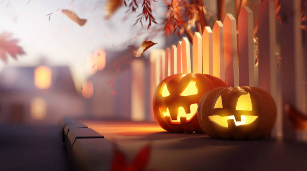 istock Pumpkin Halloween Decorations On A Suburban Street 1340497710