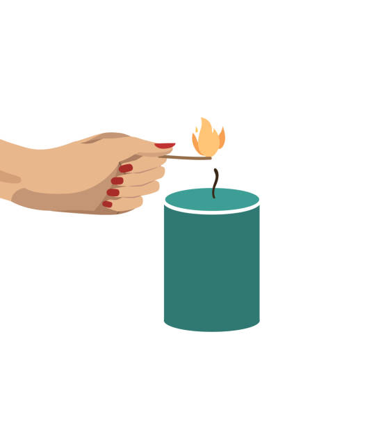 ilustrações de stock, clip art, desenhos animados e ícones de hand lighting a candle - fire match women flame