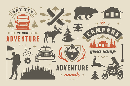 Camping and outdoor adventure design elements set, quotes and icons vector illustration. Mountains, wild animals and other. Good for t-shirts, mugs, greeting cards, photo overlays and posters