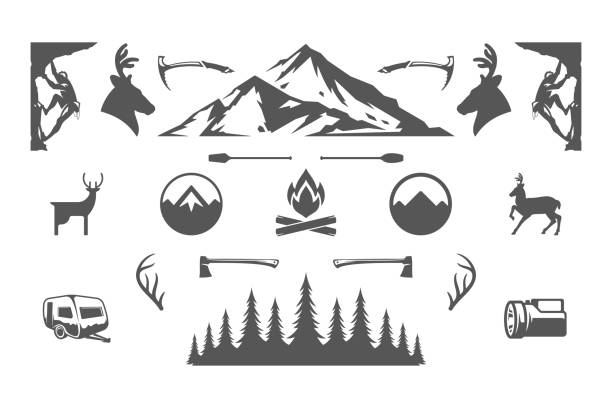 Camping and outdoor adventures design elements and icons set vector illustration Camping and outdoor adventures design elements and icons set vector illustration. Mountains, wild animals and other. Good for t-shirts, mugs, greeting cards, badges and posters. mountain clipart stock illustrations