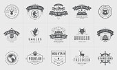 Camping logos and badges templates vector design elements and silhouettes set. Outdoor adventure mountains and forest camp vintage style emblems and logos retro illustration.