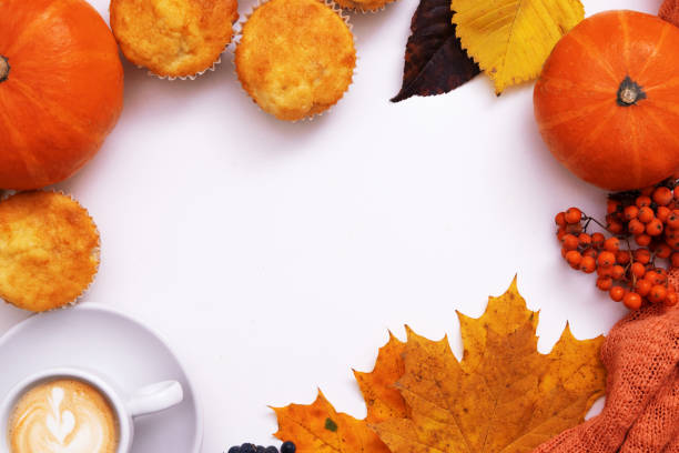 istock Cozy autumn flat lay with coffee, pumkin, sweater and copy space 1340499663