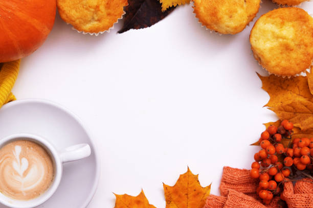 istock Cozy autumn flat lay with coffee, pumkin, sweater and copy space 1340500040