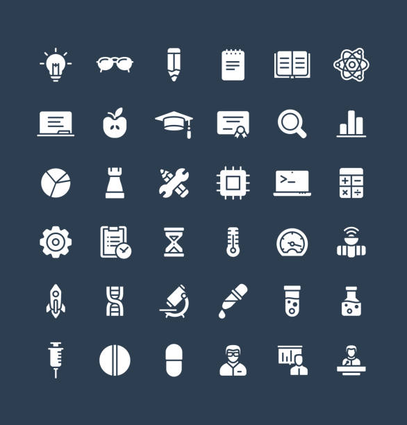 Vector solid icons set with science and laboratory research flat symbols Vector flat icons set and graphic design elements. Illustration with science and laboratory research solid symbols. Idea bulb, dna code, medical development, conference, atom glyph pictogram solid stock illustrations