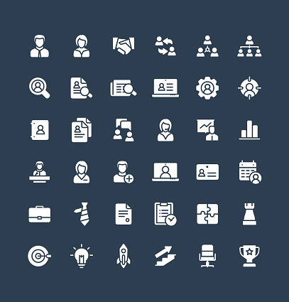 Vector flat icons set and graphic design elements. Illustration with business and management solid symbols. Marketing research, strategy, work people, career, job interview glyph pictogram