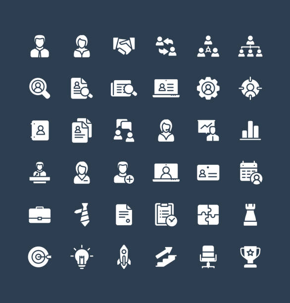 Vector solid icons set business and management flat symbols. Vector flat icons set and graphic design elements. Illustration with business and management solid symbols. Marketing research, strategy, work people, career, job interview glyph pictogram interview event icons stock illustrations