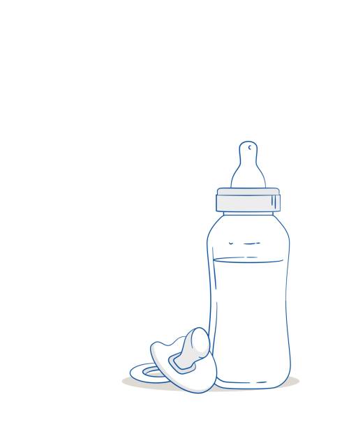 Hand Drawn Baby Feeding Bottle and Pacifier. Vector Sketch Illustration of Hand Drawn Baby Feeding Bottle and Pacifier Isolated on White Background. baby bottle stock illustrations