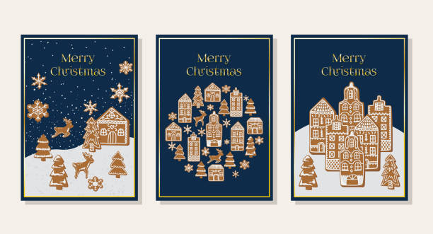 Set of Christmas greeting cards with gingerbread. Set of Christmas greeting cards with gingerbread. gingerbread house stock illustrations