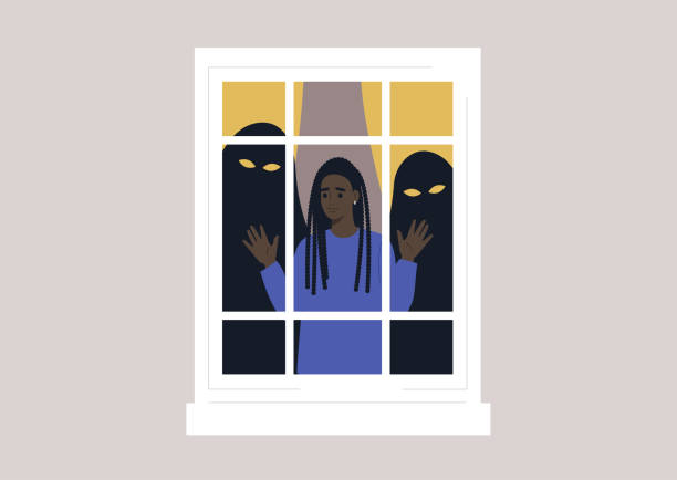 ilustrações, clipart, desenhos animados e ícones de uma jovem personagem negra presa dentro de sua casa com monstros nas costas, conceito de ataque de pânico, problemas de saúde mental - mental health silhouette hysteria problems