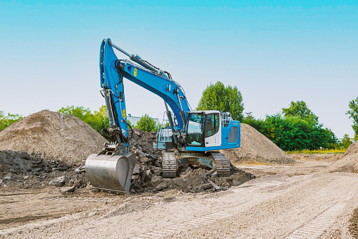 Construction machinery, also called diggers, JCB, mechanical shovels, or 360-degree excavators.