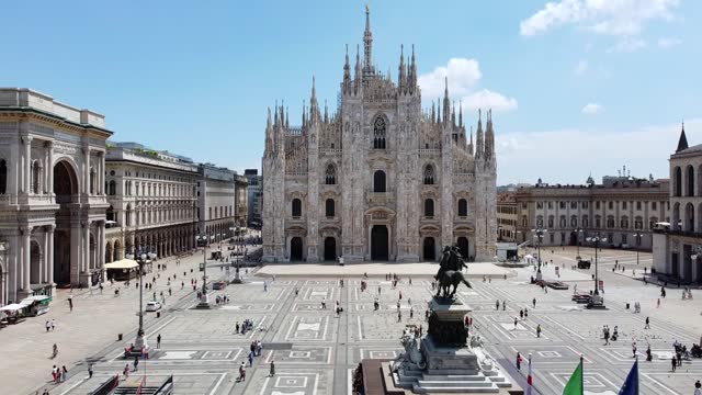Italy , Milan  - Drone aerial view of Duomo Cathedral square , finish of lockdown COVID-19 Coronavirus outbreak, people outside with mask and tourist in downtown and Vittorio Emanuele Gallery