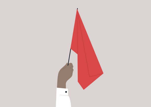 A hand waving a red flag, a warning sign A hand waving a red flag, a warning sign ideology stock illustrations