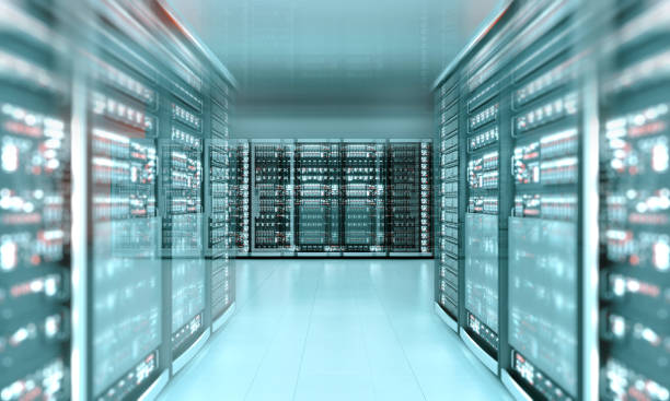 data center futuristico con server informatici moderni - data center network server cyberspace foto e immagini stock