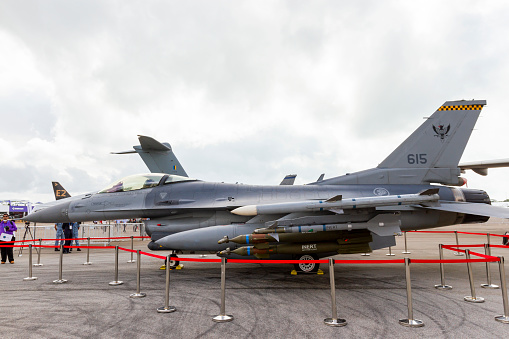 Changi Airport, Singapore - February 12, 2020 : F-16 Fighter Jet Of The Republic Of Singapore Air Force On Display In Singapore Airshow.