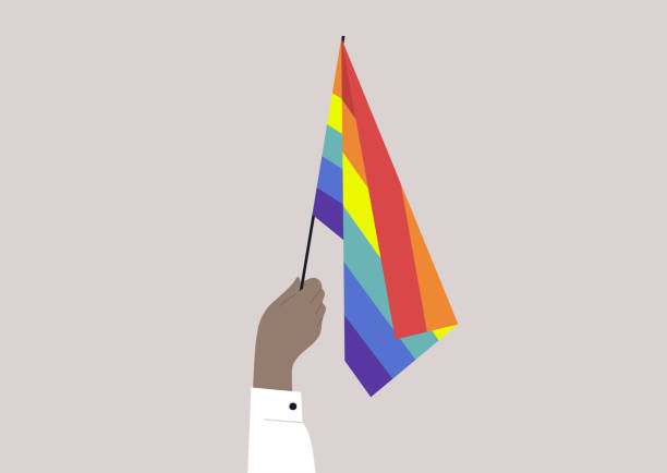 A hand holding a rainbow flag, LGBTQ+ rights, homosexual community A hand holding a rainbow flag, LGBTQ+ rights, homosexual community lesbian flag stock illustrations
