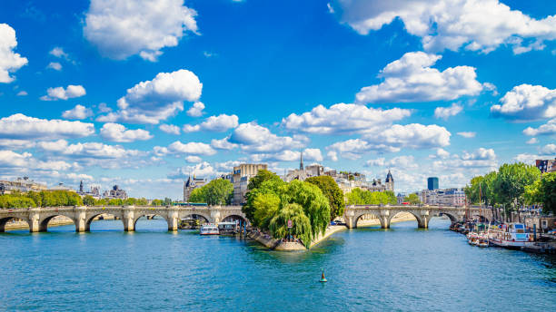 панорама мостов парижа, франции и реки сены в солнечный день - paris france panoramic seine river bridge стоковые фото и изображения