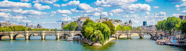 panorama dei ponti di parigi francia e della senna in una giornata di sole - paris france panoramic seine river bridge foto e immagini stock