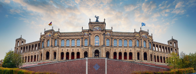 Panoramic view of Maximilianeum - seat of the Bavarian State Parliament - at sunset - Munich, Bavaria, Germany