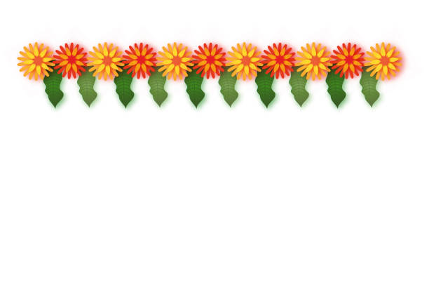 nagietek. girlanda z zielonych liści. żółty pomarańczowy kwiat cięty papierem. indyjski festiwal kwiat i liść mango. szczęśliwe diwali, dasara, dussehra, ugadi. elementy dekoracyjne na indyjską uroczystość. - ganesha indian culture india vector stock illustrations