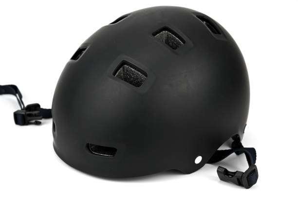 istock Black cycling helmet with head ventilation holes. 1340508589