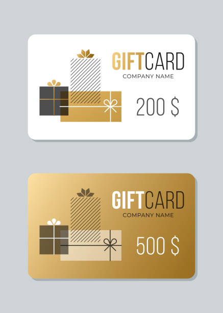 ilustraciones, imágenes clip art, dibujos animados e iconos de stock de plantilla de tarjeta de regalo. - gift card gift certificate gift gold
