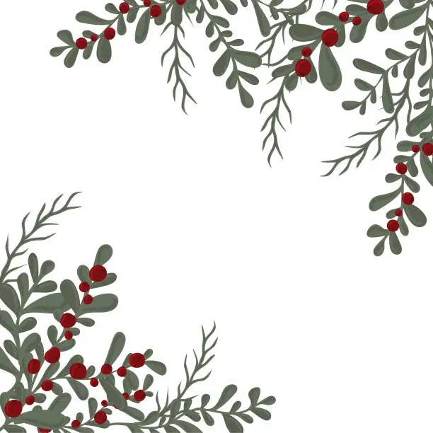 Vector illustration of Hand-drawn branches with  leaves and berries. Square template for greeting card, invitation, banner or poster